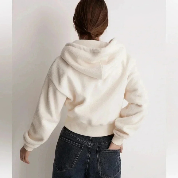MWL Madewell Sherpa Zip-Front Drawstring Hoodie Sweatshirt Size M Cropped - Picture 2 of 11
